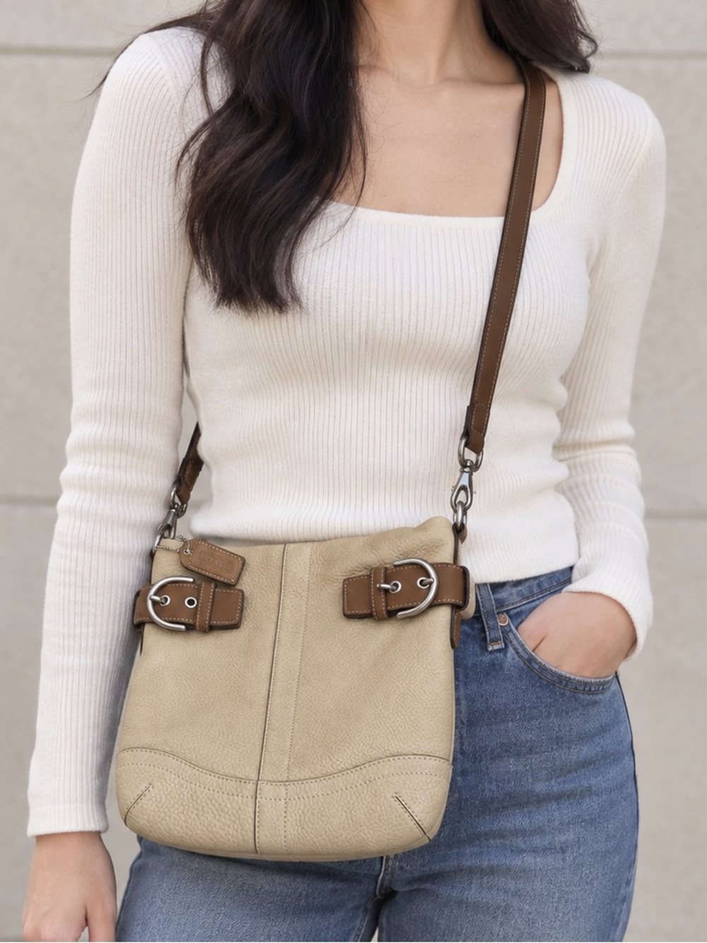 Coach Vintage 2005 Soho Slim Beige Leather Crossbody Bag with Brown Buckles